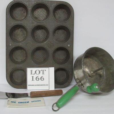 Nice 12 Count Muffin Tin, Very Neat Green Handled Foley Food Mill Masher, Ice Cream Scoop