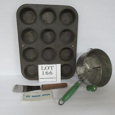 Nice 12 Count Muffin Tin, Very Neat Green Handled Foley Food Mill Masher, Ice Cream Scoop