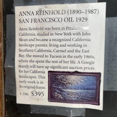 Lot 6LD. 1929 oil painting of San Francisco Bay by Anne Reinhold, Original Gesso Frame (1890-1987)â€”$350