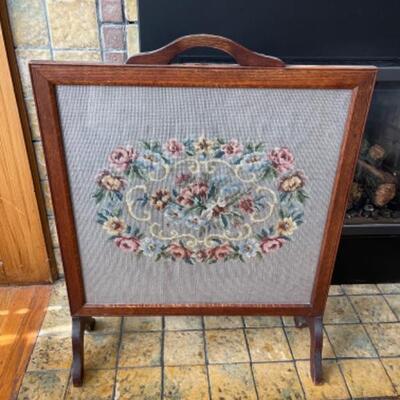 Lot 8LD. Needlepointed fireplace screen with glass (28-1/2â€x22â€)--$45