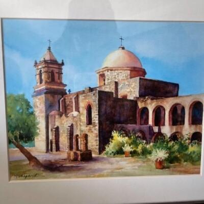 Lot 11LD. Water color painting of California mission by Mary Shepard, wood frame (19â€x15â€)--$55