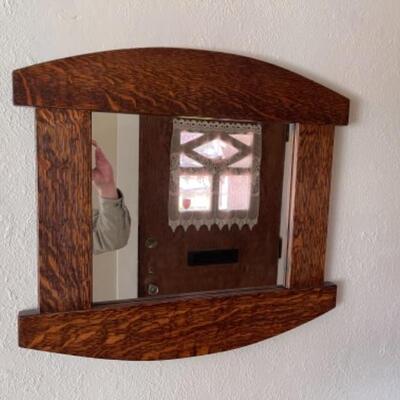 Lot 12LD. Dark oak Craftsman mirror (22-1/2 â€˜xâ€™ 19-1/2â€)--$85