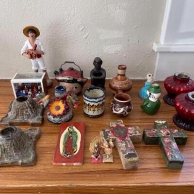 Lot 15DL. Lot of Mexican, Oaxacan, Tonala clay folk art candleholders, crosses, diorama, vessels and cups--$55