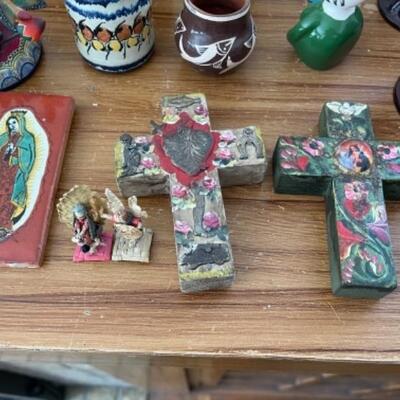 Lot 15DL. Lot of Mexican, Oaxacan, Tonala clay folk art candleholders, crosses, diorama, vessels and cups--$55