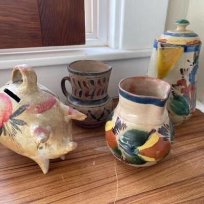 Lot 17LD. Ceramic Mexican folk artâ€”2 pitchers, one tea/coffee pot and one piggybank--$45