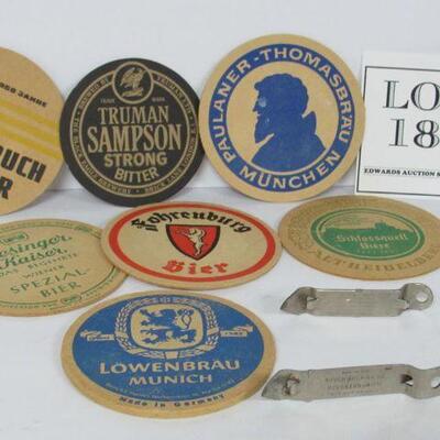 7 Foreign Drink Coasters & 1 Schlitz, 1 Bosch Bottle Openers