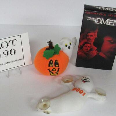 The Omen VHS, and 2 Halloween Plush Pieces