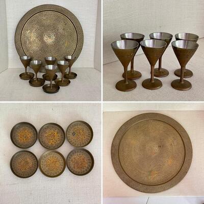 Vintage Brass Platter, Cups and Saucers