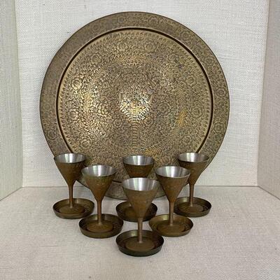 Vintage Brass Platter, Cups and Saucers