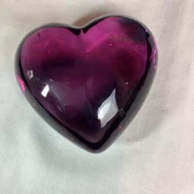 N - 203  Artisan Signed Hand Painted/Crafted Wooden Bank  & Hand Blown Glass Heart Shaped Paper Weight 