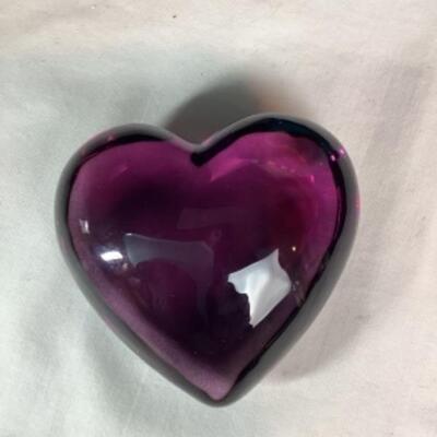 N - 203  Artisan Signed Hand Painted/Crafted Wooden Bank  & Hand Blown Glass Heart Shaped Paper Weight 
