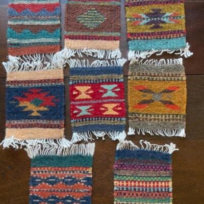 Lot 88BR. Collection of wool and cotton textiles, Mexican/ Central American, purse, squares, runner, pouch, wool coasters--$125