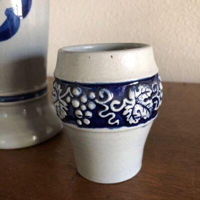 Antique Original Gerzit Gerz Cobalt Blue Stoneware West Germany Beer Stein and Cups