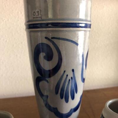 Antique Original Gerzit Gerz Cobalt Blue Stoneware West Germany Beer Stein and Cups