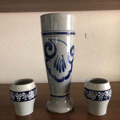 Antique Original Gerzit Gerz Cobalt Blue Stoneware West Germany Beer Stein and Cups