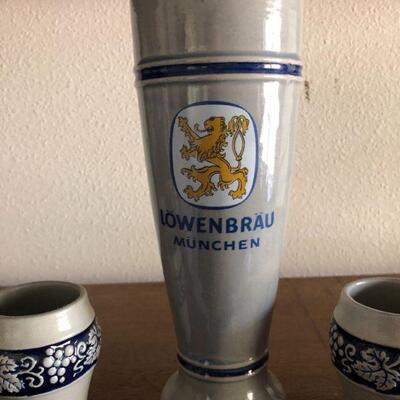 Antique Original Gerzit Gerz Cobalt Blue Stoneware West Germany Beer Stein and Cups