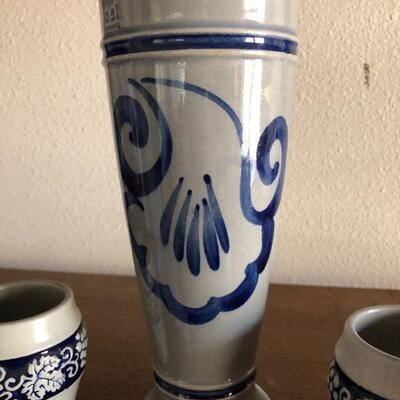 Antique Original Gerzit Gerz Cobalt Blue Stoneware West Germany Beer Stein and Cups