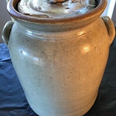 Antique Large 2 Liter Stoneware Lidded Container Storage Jug