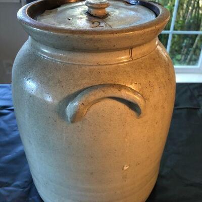 Antique Large 2 Liter Stoneware Lidded Container Storage Jug