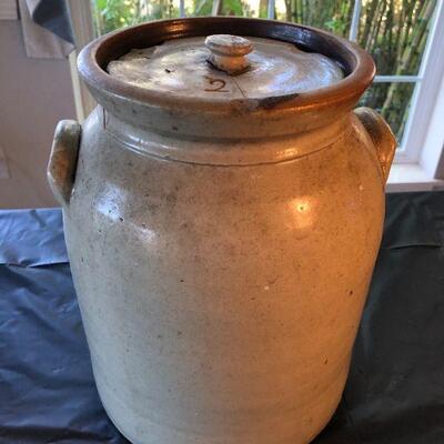 Antique Large 2 Liter Stoneware Lidded Container Storage Jug