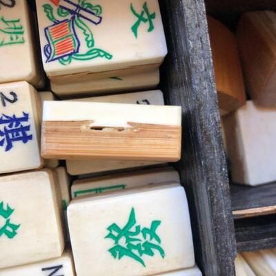 Grandma's 1920s Mahjong Mah-Jongg Antique Set of Ornate Wood and Metal Box Bone and Bamboo Pieces