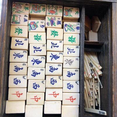 Grandma's 1920s Mahjong Mah-Jongg Antique Set of Ornate Wood and Metal Box Bone and Bamboo Pieces