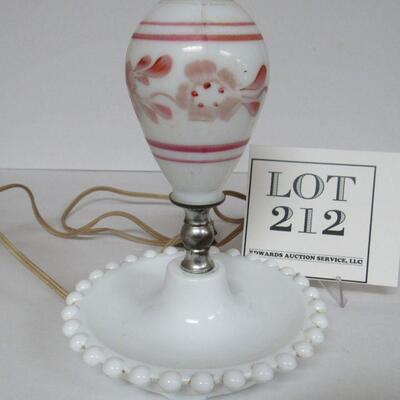 Vintage Milk Glass Dresser Lamp With Pink Floral Decor