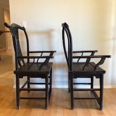 Antique Asian Pair of Handmade Wood Armchairs Chairs