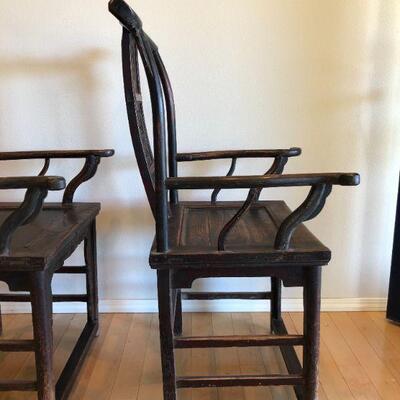 Antique Asian Pair of Handmade Wood Armchairs Chairs
