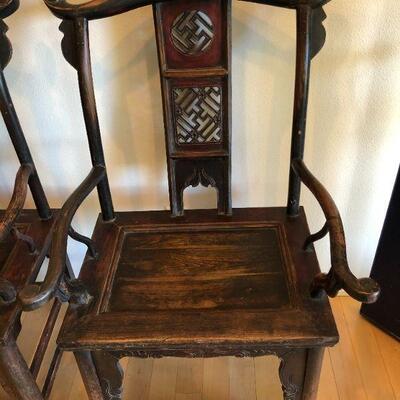 Antique Asian Pair of Handmade Wood Armchairs Chairs