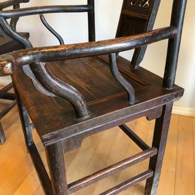 Antique Asian Pair of Handmade Wood Armchairs Chairs