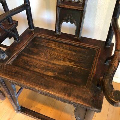 Antique Asian Pair of Handmade Wood Armchairs Chairs