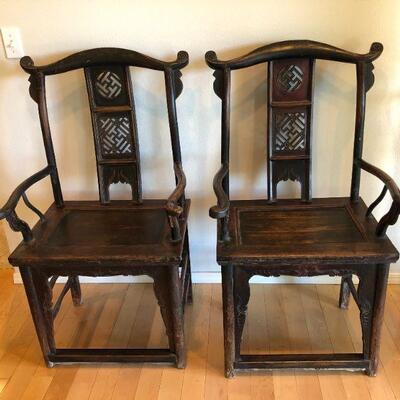 Antique Asian Pair of Handmade Wood Armchairs Chairs