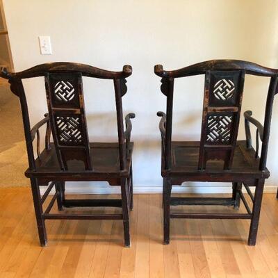 Antique Asian Pair of Handmade Wood Armchairs Chairs