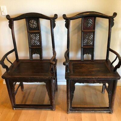 Antique Asian Pair of Handmade Wood Armchairs Chairs