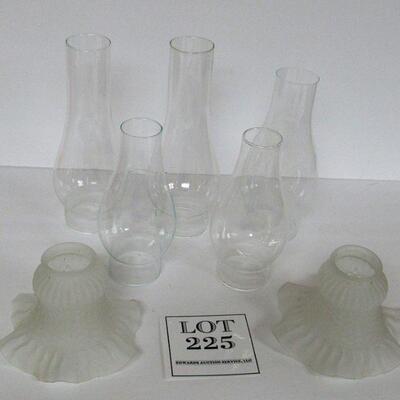 Lot of 5 Glass Chimneys and 2 Glass Shades