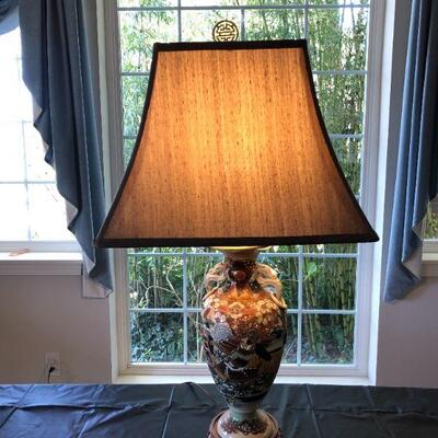 Antique Satsuma Lamp with Warrior and Flower Details Depicting War and Peace