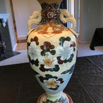 Antique Satsuma Lamp with Warrior and Flower Details Depicting War and Peace