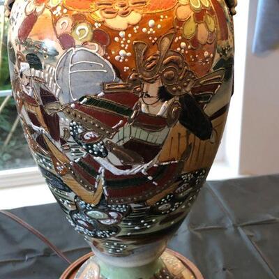 Antique Satsuma Lamp with Warrior and Flower Details Depicting War and Peace