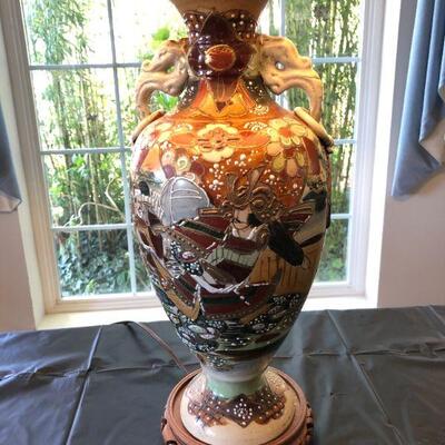 Antique Satsuma Lamp with Warrior and Flower Details Depicting War and Peace