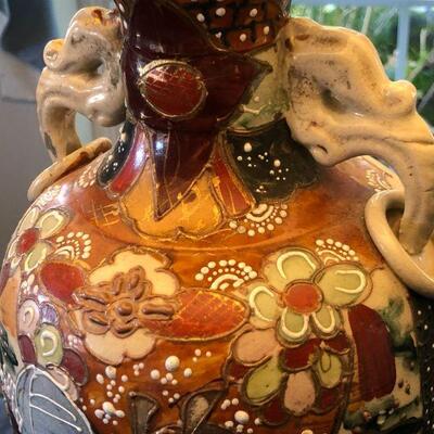 Antique Satsuma Lamp with Warrior and Flower Details Depicting War and Peace