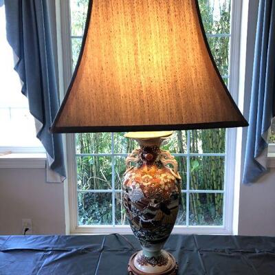 Antique Satsuma Lamp with Warrior and Flower Details Depicting War and Peace