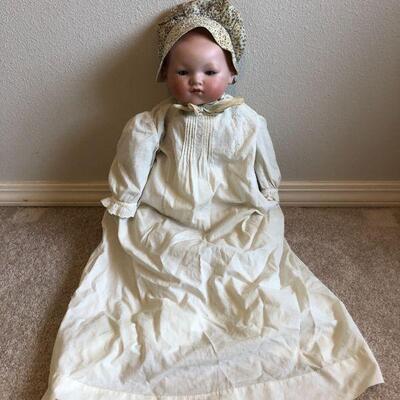 Antique German A.M. Armand Marseille Baby Doll in Original Clothing Dress and Bonnet