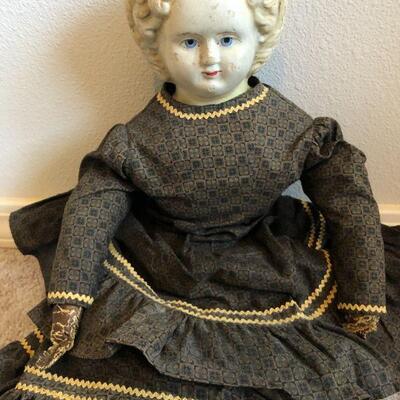 Rare Antique Greiner's Patent Blonde Paper Mache Doll in Dress