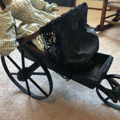 Antique Baby Doll and Carriage with Black Victorian Style Lace