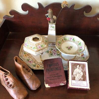Victorian Era Bedside Set with Baby Shoes Hat Pins and Famous Paintings Cards