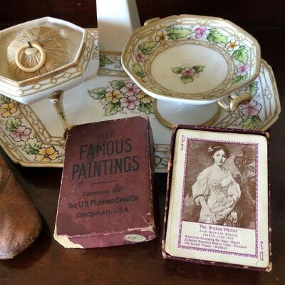 Victorian Era Bedside Set with Baby Shoes Hat Pins and Famous Paintings Cards