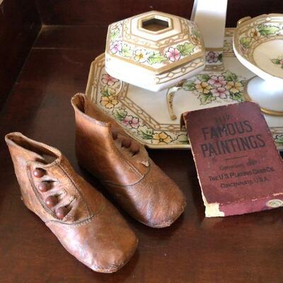 Victorian Era Bedside Set with Baby Shoes Hat Pins and Famous Paintings Cards