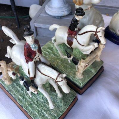 Two Pairs of Vintage English Porcelain Figurines Bookends Dogs and Man Riding Horse Over Jump