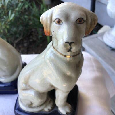 Two Pairs of Vintage English Porcelain Figurines Bookends Dogs and Man Riding Horse Over Jump